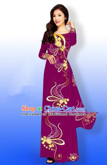 Traditional Top Grade Asian Vietnamese Costumes Dance Dress and Loose Pants, Vietnam National Women Ao Dai Dress Printing Long Amaranth Cheongsam Clothing Complete Set