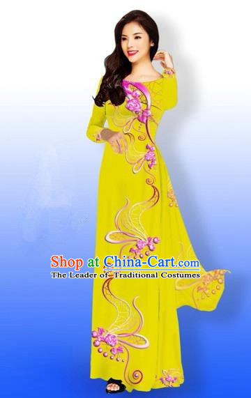 Traditional Top Grade Asian Vietnamese Costumes Dance Dress and Loose Pants, Vietnam National Women Ao Dai Dress Printing Long Yellow Cheongsam Clothing Complete Set
