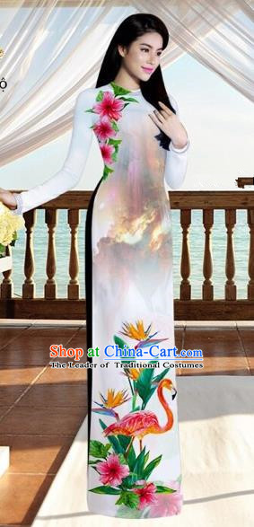 Traditional Top Grade Asian Vietnamese Costumes, Vietnam National Ao Dai Dress Printing Flowers Crane White Qipao for Women