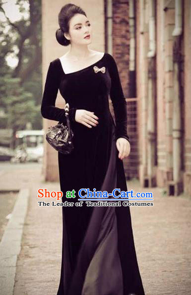 Traditional Top Grade Asian Vietnamese Costumes Full Dress, Vietnam National Ao Dai Dress Pleuche Black Qipao for Women