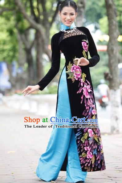 Traditional Top Grade Asian Vietnamese Costumes Handmade Embroidery Full Dress, Vietnam National Ao Dai Dress Qipao for Women