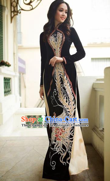 Traditional Top Grade Asian Vietnamese Costumes Handmade Painting Pleuche Full Dress, Vietnam National Ao Dai Dress Qipao for Women