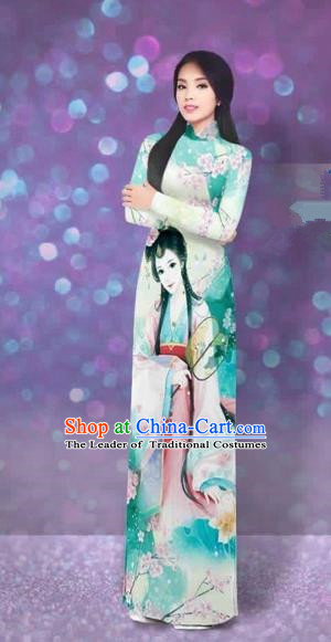 Traditional Top Grade Asian Vietnamese Costumes Classical Handmade Printing Full Dress and Pants, Vietnam National Ao Dai Dress Etiquette Qipao for Women