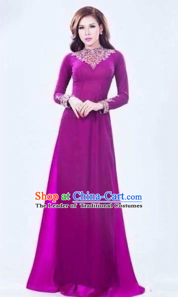 Traditional Top Grade Asian Vietnamese Costumes Classical Handmade Purple Full Dress and Pants, Vietnam National Ao Dai Dress Etiquette Qipao for Women