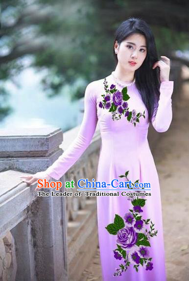 Traditional Top Grade Asian Vietnamese Costumes Classical Printing Purple Flowers Full Dress, Vietnam National Ao Dai Dress Etiquette Qipao for Women