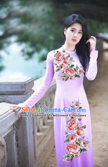 Traditional Top Grade Asian Vietnamese Costumes Classical Printing Flowers Full Dress, Vietnam National Ao Dai Dress Etiquette Qipao for Women