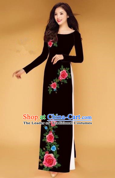 Traditional Top Grade Asian Vietnamese Costumes Classical Printing Rose Flowers Full Dress, Vietnam National Ao Dai Dress Black Etiquette Qipao for Women