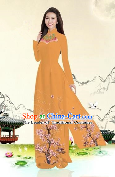 Traditional Top Grade Asian Vietnamese Costumes Classical Plum Blossom Pattern Full Dress, Vietnam National Ao Dai Dress Ginger Etiquette Qipao for Women