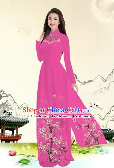 Traditional Top Grade Asian Vietnamese Costumes Classical Plum Blossom Pattern Full Dress, Vietnam National Ao Dai Dress Pink Etiquette Qipao for Women