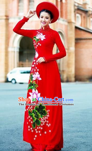 Traditional Top Grade Asian Vietnamese Costumes Classical Wedding Red Full Dress, Vietnam National Ao Dai Dress Bride Qipao for Women