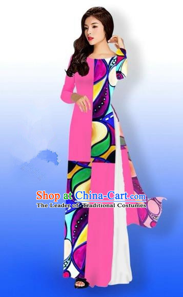 Traditional Top Grade Asian Vietnamese Costumes Classical Printing Full Dress, Vietnam National Ao Dai Dress Bride Pink Qipao for Women