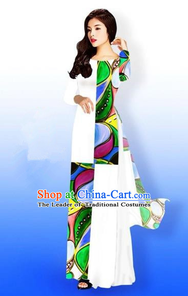 Traditional Top Grade Asian Vietnamese Costumes Classical Green Printing Full Dress, Vietnam National Ao Dai Dress Bride White Qipao for Women