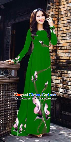 Traditional Top Grade Asian Vietnamese Costumes Classical Printing Flowers Pattern Full Dress, Vietnam National Ao Dai Dress Deep Green Etiquette Qipao for Women