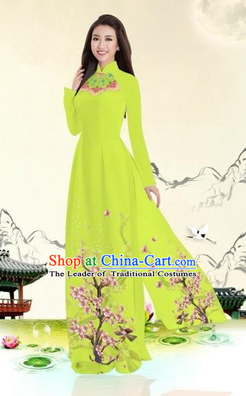 Traditional Top Grade Asian Vietnamese Costumes Classical Plum Blossom Pattern Full Dress, Vietnam National Ao Dai Dress Grass Greet Etiquette Qipao for Women