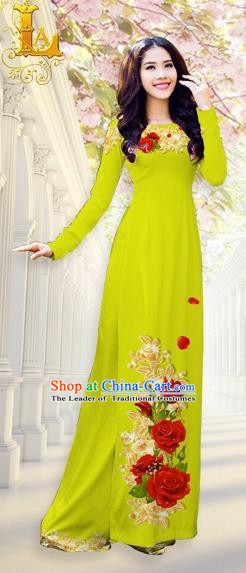 Traditional Top Grade Asian Vietnamese Costumes, Vietnam National Ao Dai Dress Printing Flowers Grass Greet Qipao for Women