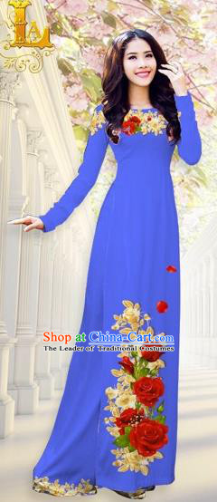 Traditional Top Grade Asian Vietnamese Costumes, Vietnam National Ao Dai Dress Printing Flowers Blue Qipao for Women