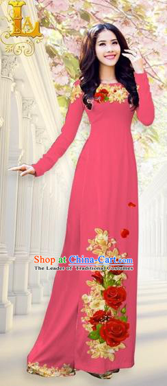 Traditional Top Grade Asian Vietnamese Costumes, Vietnam National Ao Dai Dress Printing Flowers Watermelon Red Qipao for Women