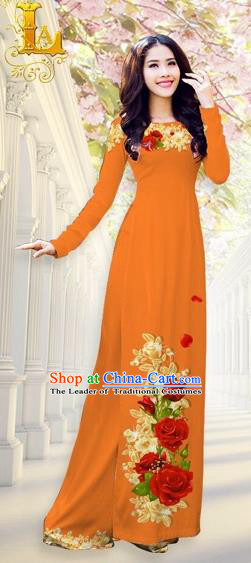 Traditional Top Grade Asian Vietnamese Costumes, Vietnam National Ao Dai Dress Printing Flowers Orange Qipao for Women