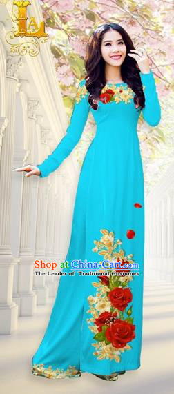 Traditional Top Grade Asian Vietnamese Costumes, Vietnam National Ao Dai Dress Printing Flowers Blue Qipao for Women