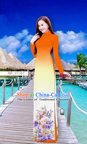 Traditional Top Grade Asian Vietnamese Costumes Full Dress, Vietnam National Ao Dai Dress Printing Flowers Orange Stand Collar Qipao for Women