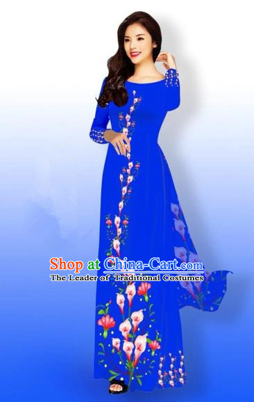 Traditional Top Grade Asian Vietnamese Costumes Full Dress, Vietnam National Ao Dai Dress Printing Blue Qipao for Women