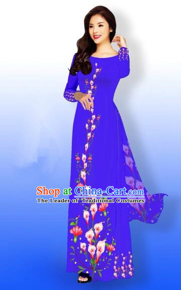 Traditional Top Grade Asian Vietnamese Costumes Full Dress, Vietnam National Ao Dai Dress Printing Flowers Blue Qipao for Women
