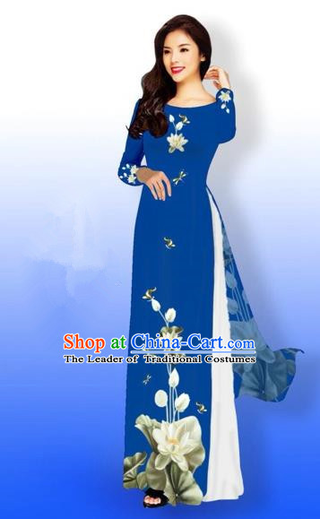 Traditional Top Grade Asian Vietnamese Costumes Full Dress, Vietnam National Ao Dai Dress Printing Flowers Round Collar Peacock Blue Qipao for Women