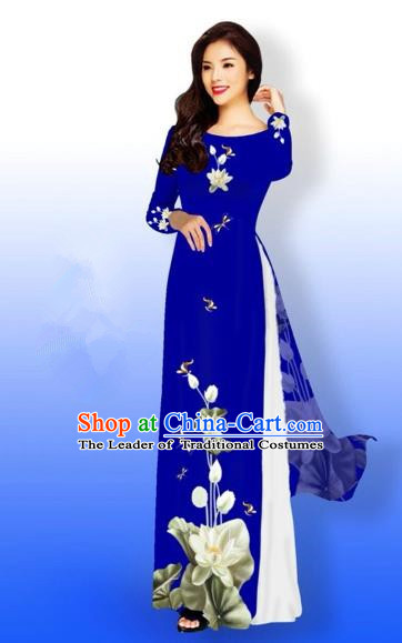 Traditional Top Grade Asian Vietnamese Costumes Full Dress, Vietnam National Ao Dai Dress Printing Flowers Round Collar Royalblue Qipao for Women