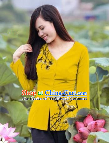 Traditional Top Grade Asian Vietnamese Costumes, Vietnam National Ao Dai Printing Yellow Blouse for Women