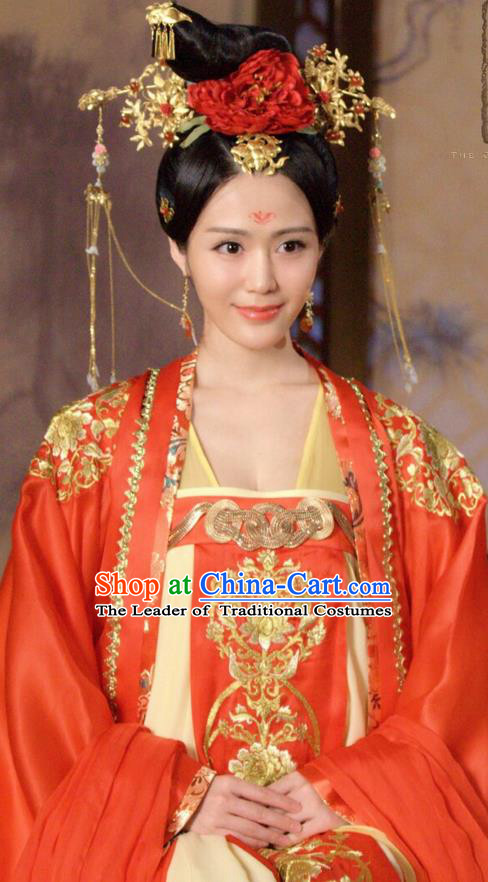 Traditional Chinese Ancient Wedding Costumes and Handmade Headpiece Complete Set, The Glory of Tang Dynasty Imperial Concubine Bride Trailing Dress Clothing for Women