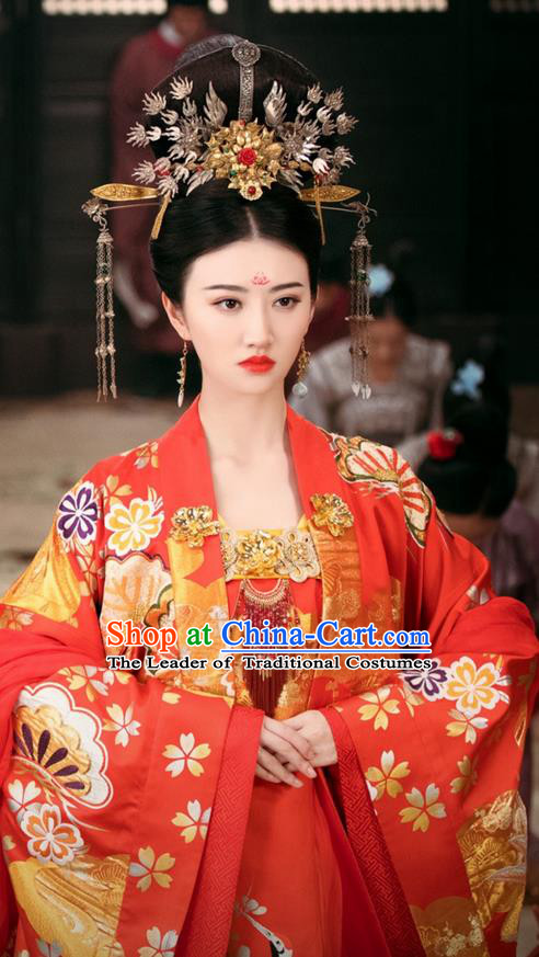 Traditional Chinese Ancient Princess Wedding Costumes and Phoenix Coronet Handmade Headpiece Complete Set, The Glory of Tang Dynasty Bride Trailing Dress Clothing for Women