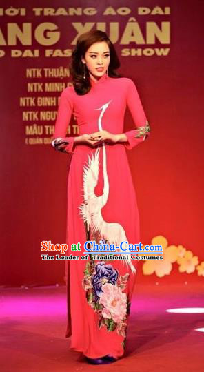 Traditional Top Grade Asian Vietnamese Costumes Classical Printing Crane Flowers Full Dress, Vietnam National Ao Dai Dress Rosy Qipao for Women