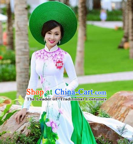 Traditional Top Grade Asian Vietnamese Costumes Classical Printing Lotus Full Dress, Vietnam National Ao Dai Dress White Qipao for Women