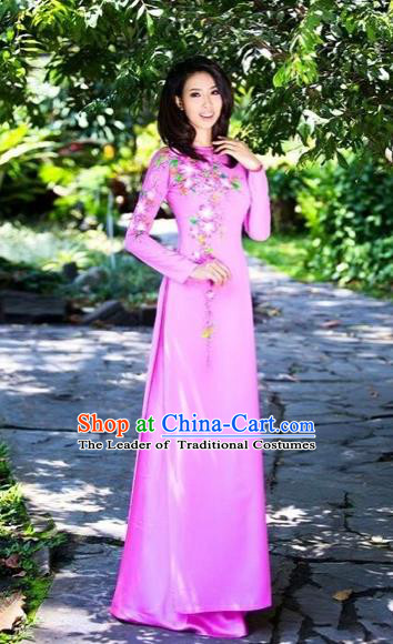 Traditional Top Grade Asian Vietnamese Costumes Classical Printing Flowers Full Dress, Vietnam National Ao Dai Dress Pink Qipao for Women