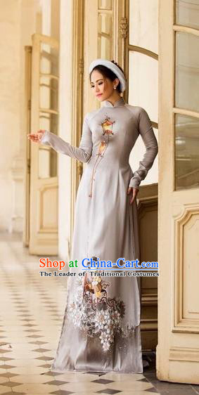 Traditional Top Grade Asian Vietnamese Costumes Classical Printing Full Dress, Vietnam National Ao Dai Dress Catwalks Bride White Qipao for Women