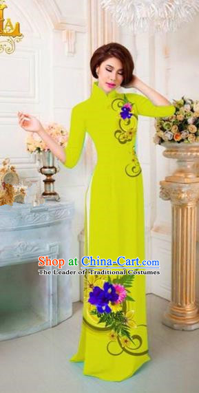 Traditional Top Grade Asian Vietnamese Costumes Classical Printing Flowers Full Dress, Vietnam National Ao Dai Dress Catwalks Princess Kelly Qipao for Women