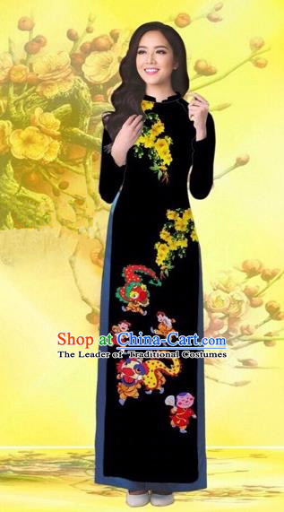 Traditional Top Grade Asian Vietnamese Costumes Classical Printing Flowers Wedding Black Full Dress, Vietnam National Ao Dai Dress Catwalks Bride Qipao for Women