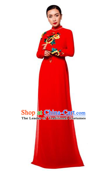 Traditional Top Grade Asian Vietnamese Costumes Classical Printing Wedding Full Dress, Vietnam National Ao Dai Dress Bride Red Stand Collar Qipao for Women