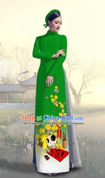 Traditional Top Grade Asian Vietnamese Costumes Classical Printing New Year Full Dress, Vietnam National Ao Dai Dress Catwalks Green Qipao for Women