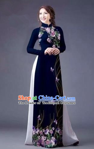 Traditional Top Grade Asian Vietnamese Costumes Classical Printing Flowers Full Dress, Vietnam National Ao Dai Dress Catwalks Navy Qipao for Women