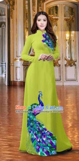 Traditional Top Grade Asian Vietnamese Costumes Classical Printing Peacock Kelly Full Dress, Vietnam National Ao Dai Dress Catwalks Debutante Qipao for Women