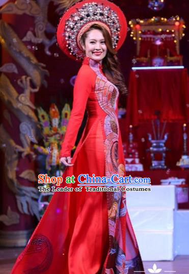 Traditional Top Grade Asian Vietnamese Costumes Classical Printing Wedding Full Dress, Vietnam National Ao Dai Dress Bride Red Stand Collar Qipao for Women