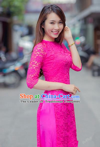 Traditional Top Grade Asian Vietnamese Costumes Classical Lace Full Dress and Loose Pants, Vietnam National Ao Dai Dress Rosy Qipao for Women