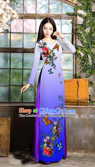 Traditional Top Grade Asian Vietnamese Costumes Classical Love of Butterfly Full Dress, Vietnam National Ao Dai Dress Purple Qipao for Women