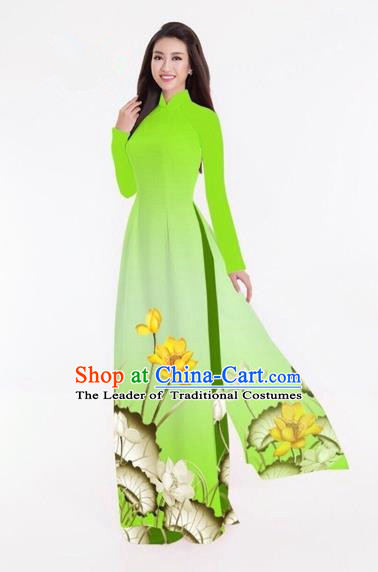 Traditional Top Grade Asian Vietnamese Costumes Classical Printing Lotus Full Dress, Vietnam National Ao Dai Dress Catwalks Light Green Qipao for Women