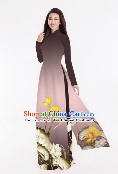 Traditional Top Grade Asian Vietnamese Costumes Classical Printing Lotus Full Dress, Vietnam National Ao Dai Dress Catwalks Coffee Qipao for Women