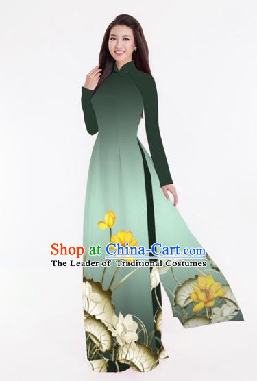 Traditional Top Grade Asian Vietnamese Costumes Classical Printing Lotus Full Dress, Vietnam National Ao Dai Dress Catwalks Atrovirens Qipao for Women