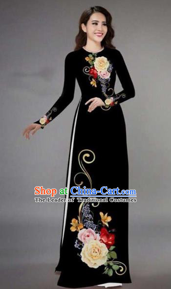 Traditional Top Grade Asian Vietnamese Costumes Classical Printing Peony Pattern Full Dress, Vietnam National Ao Dai Dress Catwalks Black Qipao for Women