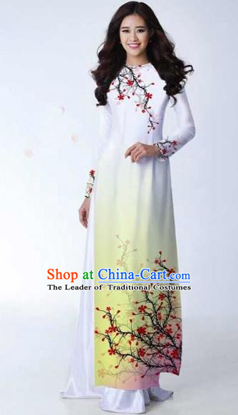 Traditional Top Grade Asian Vietnamese Costumes Classical Printing Plum Blossom Full Dress, Vietnam National Ao Dai Dress Catwalks White Qipao for Women