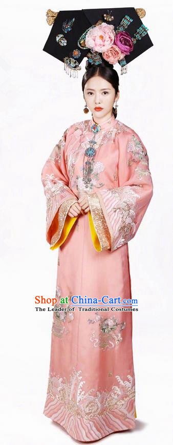 Traditional Chinese Ancient Qing Dynasty Imperial Consort Costume and Headwear Complete Set, Above The Clouds Chinese Mandarin Robes Imperial Concubine Embroidered Clothing for Women
